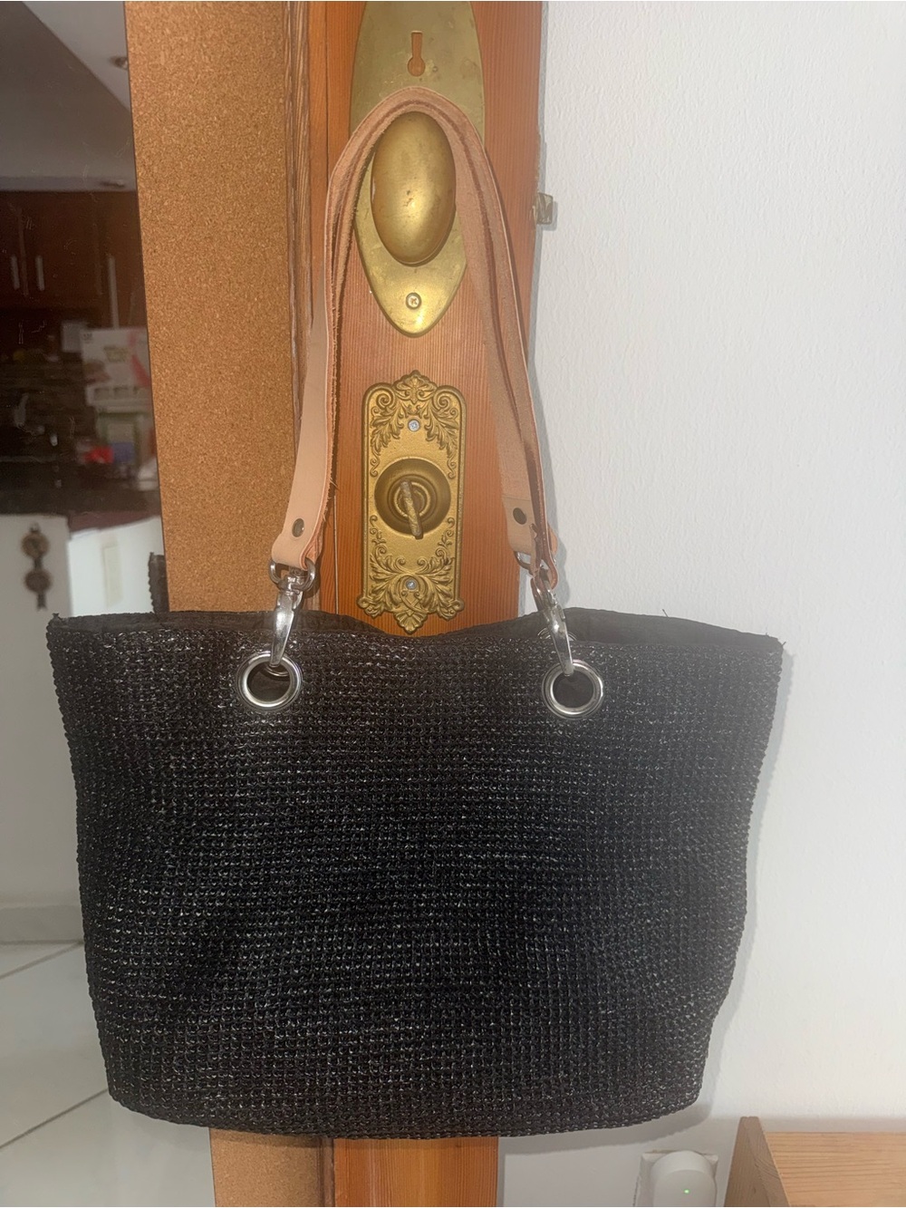 Braciano Black Woven Tote with Tan Leather Handles Medium Size